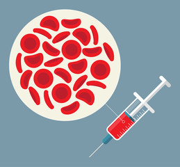 Syringe and Red blood cells. Vector illustration. Medical background. 

