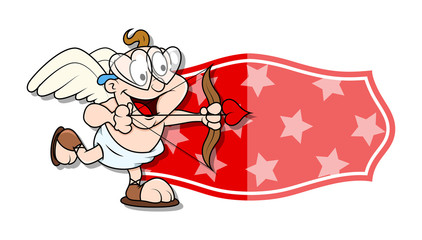 Funny Cupid Wearing Heart Glasses and Running - Vector Banner