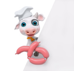 Cartoon cow looking out with poster holding sausage 3d rendering