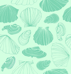 Seamless marine pattern with shells. Green graphic background with seashells