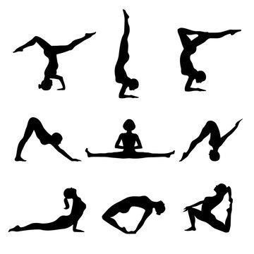 Vector contour collection of women in the yoga poses. Set of silhouettes. Relax and meditate. Healthy lifestyle, wellness beautiful images