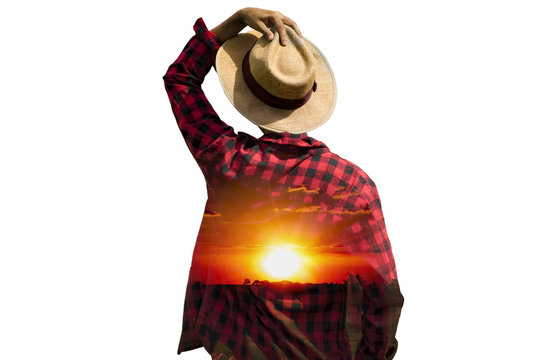 Farmer concept image. Double exposure of farmer and sundown on the plantation landscape. Agriculture Concept.