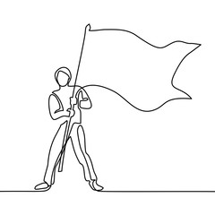 Man holding flag. Continuous line drawing. Vector illustration