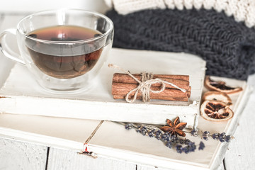 still life with a book and tea