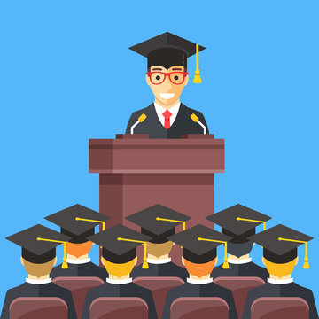 Man At Lectern Wearing Graduation Gown, Mortarboard In Auditorium. People Wearing Mortar Boards Sitting In Room. Graduation, Admitting University Degree Concept. Modern Flat Design Vector Illustration