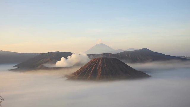 Bromo volcano timelapse. Mount Bromo or Gunung Bromo is an active volcano in East Java island, Indonesia.