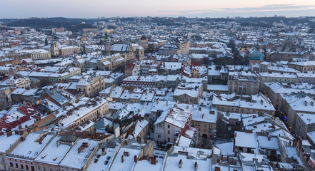 Winter view on the downtown in Lviv, Ukraine.