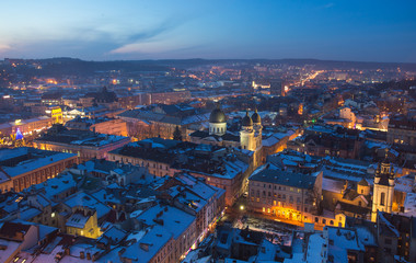 Winter view on the downtown in Lviv, Ukraine.