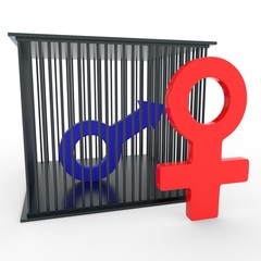 A 3d render of a male symbol in a cage being guarded by the female symbol
