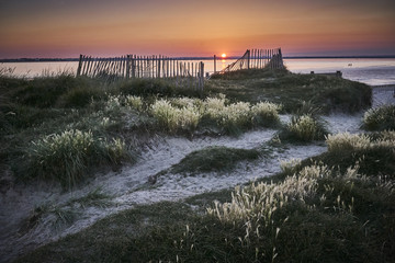Sunset over sun dunes at West Wittering Beach