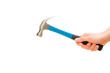 Hammer is holding by hand in action to hit isolated on white background