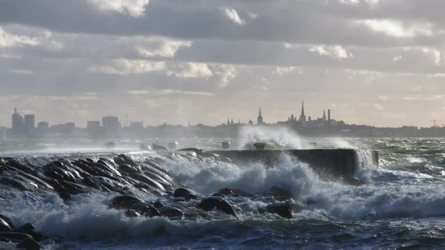 Powerful storm waves hitting the pier