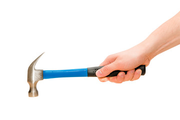 Hand holds hammer in action to hit isolated on white background