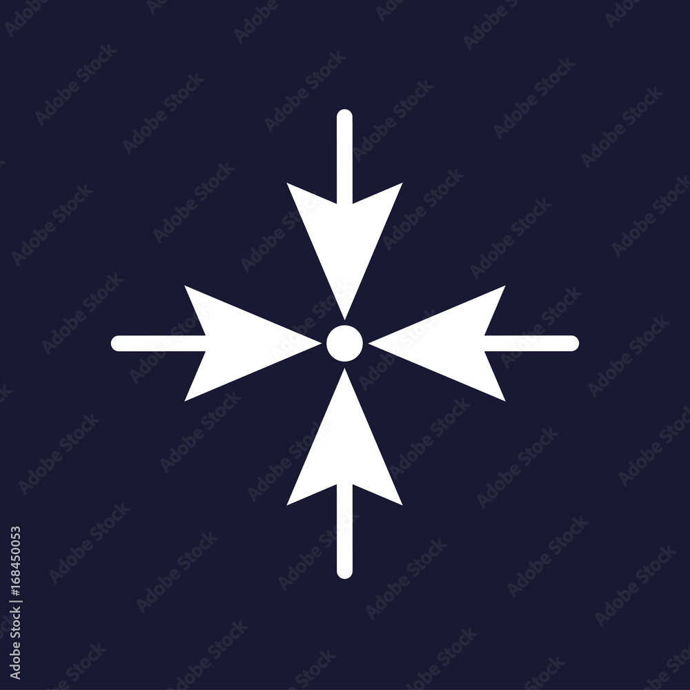 Poster arrows pointing the direction to one point on four sides. vector icon on dark blue background.