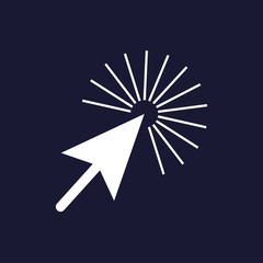 Arrow, the cursor pointing to the point. The cursor clicks on the button. Click vector icon. Modern, simple flat vector illustration for web site. Vector icon on dark blue background.