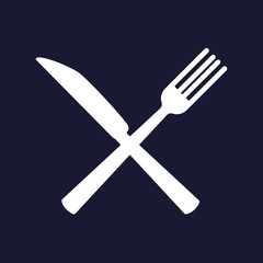 Knife and fork. Cutlery. Table setting. Vector icon on dark blue background.