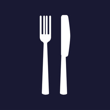 Knife and fork. Cutlery. Table setting. Vector icon on dark blue background.