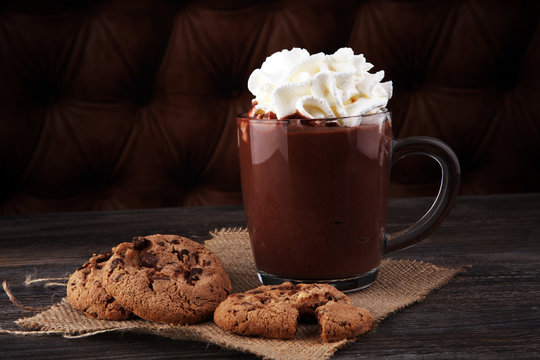 hot chocolate with cocoa and chocolate chip cookies.