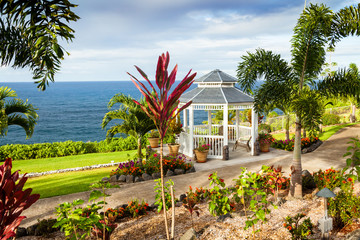 United States, Hawaii, big island, La I Nani tropical garden beach with gazebo