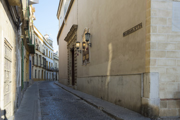 Carmen street and entrance of the Basilica del Carmen in Jerez de la Frontera, Spain, photo taken on 9 August 2017