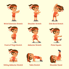 Cartoon set of a woman doing exercises for health and fitness
