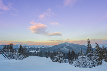 majestic sunset in the winter mountains