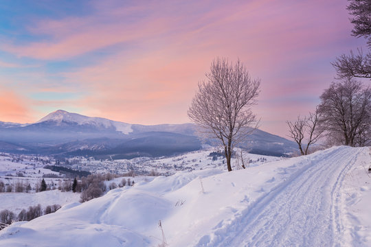 majestic sunset in the winter mountains