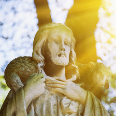 Jesus Christ - the Good Shepherd (ancient art statue, fragment. close up)
