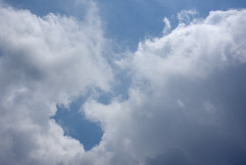 青空と雲「空想・雲のモンスター〔天を見上げる顔（画面の右上部分）などのイメージ〕」空を見上げる、何かがいるのを見つめるなどのイメージ