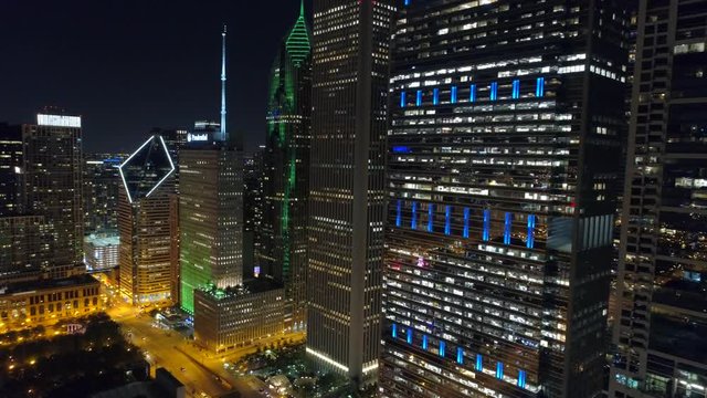 Aerial night video Downtown Chicago USA