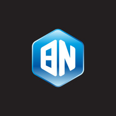 Initial letter BN, modern glossy hexagon logo, gradient blue color on black background	
 
