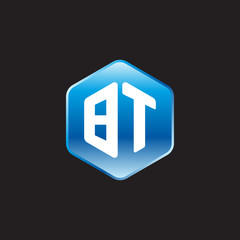 Initial letter BT, modern glossy hexagon logo, gradient blue color on black background	
 
