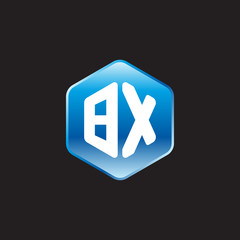 Initial letter BX, modern glossy hexagon logo, gradient blue color on black background	
 
