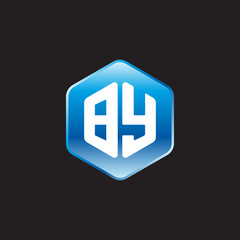 Obraz premium Initial letter BY, modern glossy hexagon logo, gradient blue color on black background 