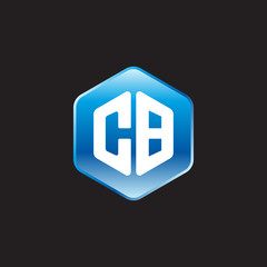 Initial letter CB, modern glossy hexagon logo, gradient blue color on black background	
 
