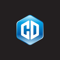 Initial letter CD, modern glossy hexagon logo, gradient blue color on black background	
 
