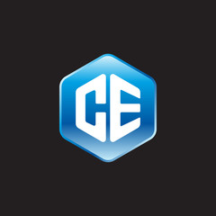 Initial letter CE, modern glossy hexagon logo, gradient blue color on black background	
 
