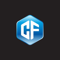 Initial letter CF, modern glossy hexagon logo, gradient blue color on black background	
 
