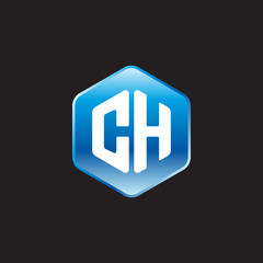 Initial letter CH, modern glossy hexagon logo, gradient blue color on black background	
 
