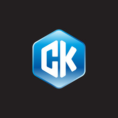 Initial letter CK, modern glossy hexagon logo, gradient blue color on black background	
 
