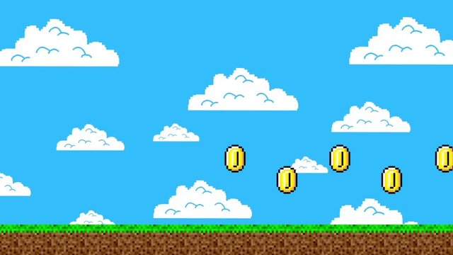 Retro Video Game Level with a Trail of Gold Coins