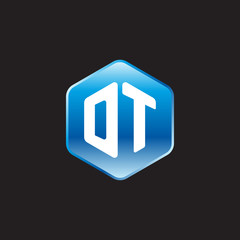 Initial letter DT, modern glossy hexagon logo, gradient blue color on black background	
 
