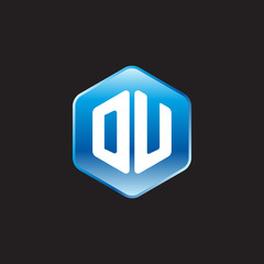 Initial letter DU, modern glossy hexagon logo, gradient blue color on black background	
 
