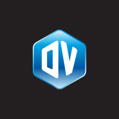 Initial letter DV, modern glossy hexagon logo, gradient blue color on black background	
 

