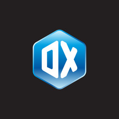 Initial letter DX, modern glossy hexagon logo, gradient blue color on black background	
 
