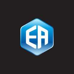 Initial letter EA, modern glossy hexagon logo, gradient blue color on black background	
 
