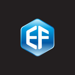 Initial letter EF, modern glossy hexagon logo, gradient blue color on black background	
 
