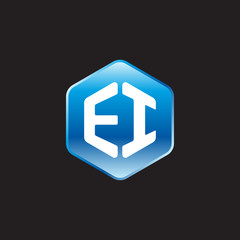 Initial letter EI, modern glossy hexagon logo, gradient blue color on black background	
 
