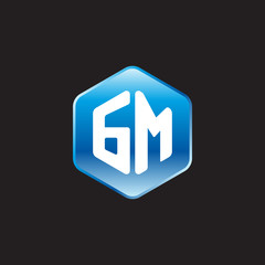 Initial letter GM, modern glossy hexagon logo, gradient blue color on black background	
 
