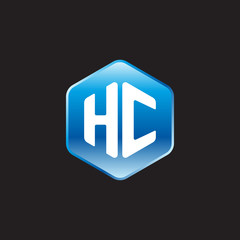 Initial letter HC, modern glossy hexagon logo, gradient blue color on black background	
 

